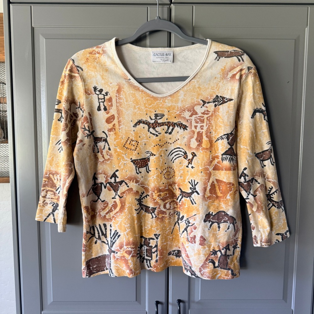 Cactus Bay Apparel Y2K Southwestern Petroglyph Rhinestone 3/4 Top, Orange,L